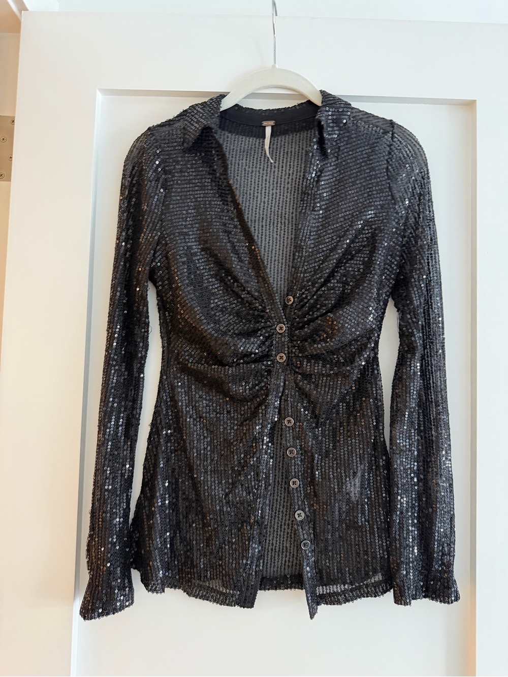 Free People Black Sequin Button Down Top